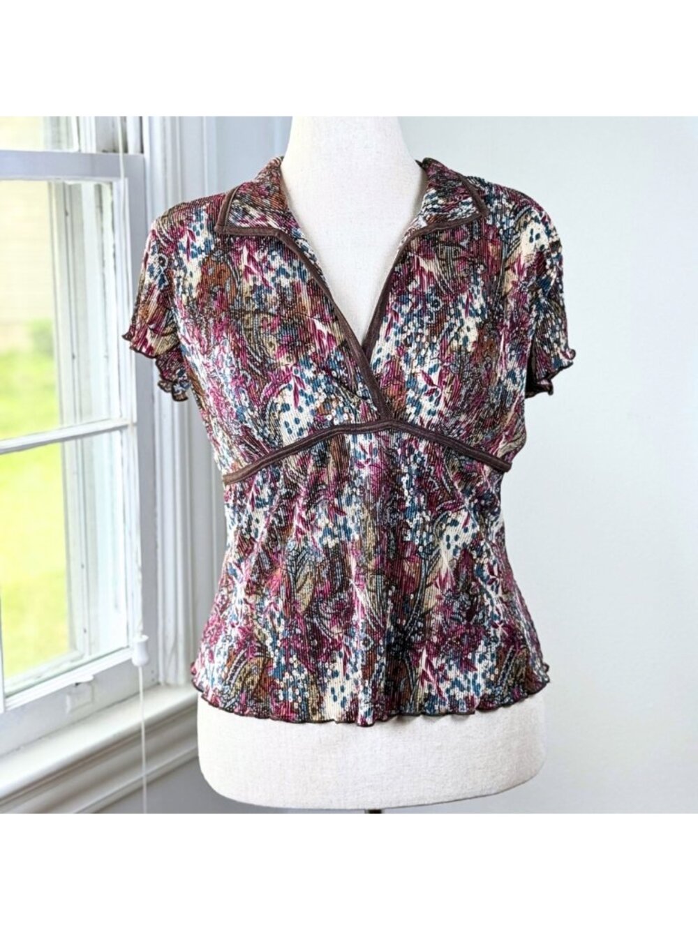 Vintage 90s CDW Crinkle Brown Babydoll Tee XL Paisley Top Lettuce Hem Boho Chic